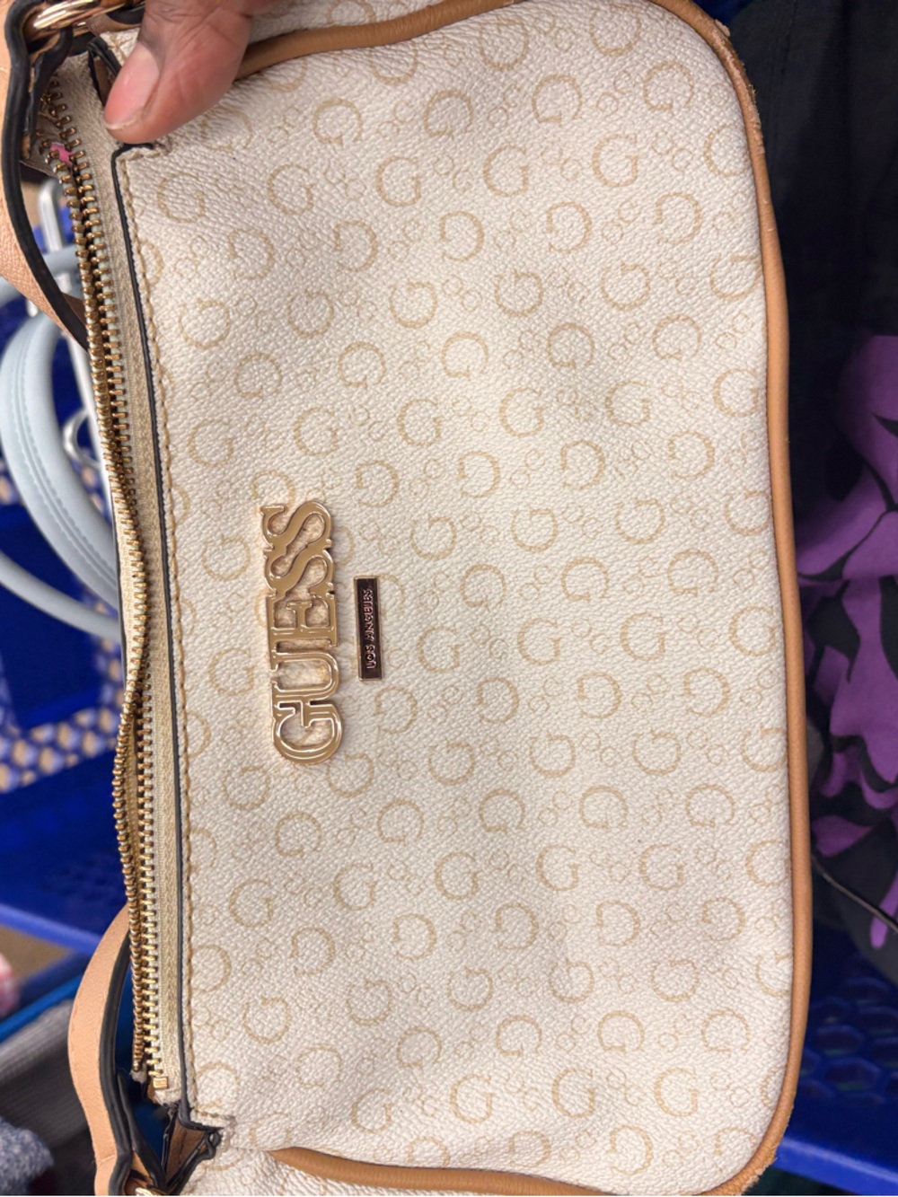 GUESS Cream Logo Shoulder Bag with Tan Trim